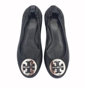 Tory Burch Minnie Travel Leather Ballet Flats Black & Silver 8.5